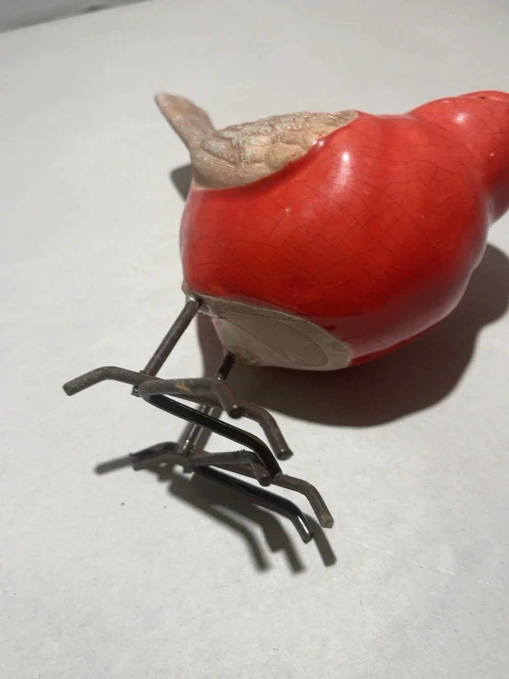 Red Ceramic Cardinal Bird Figurine Crackle Glaze Metal Wire Legs Rustic Decor